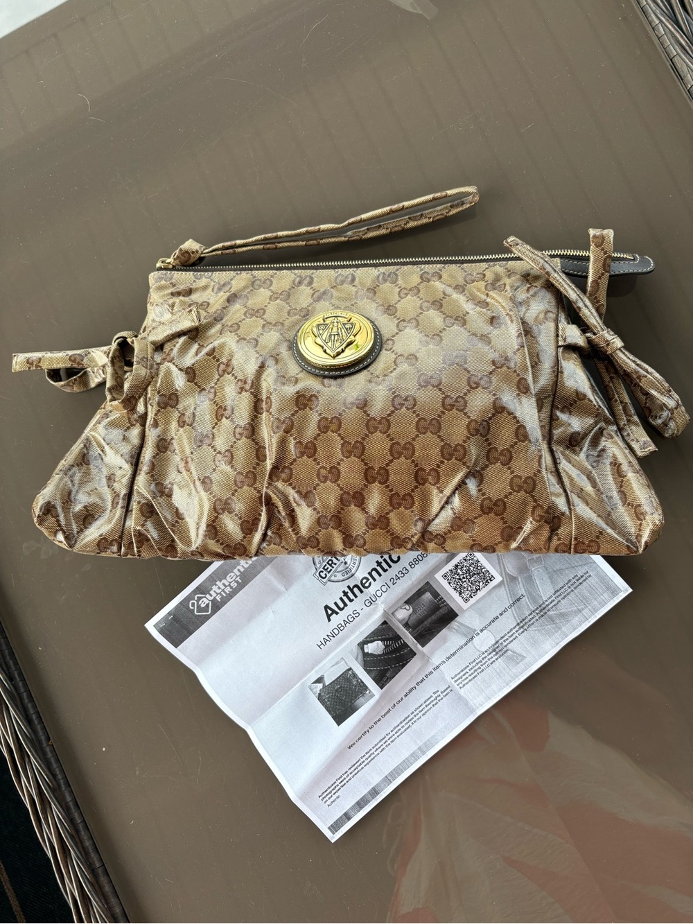 Auth Gucci Hysteria Brown Monogram Wristlet Clutch